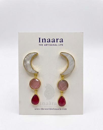 Crescent Moon Stone Earrings-Pink