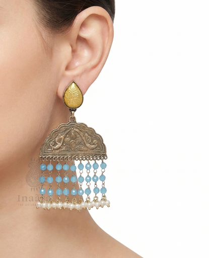 Peacock w/Colored Beads Earrings-Blue