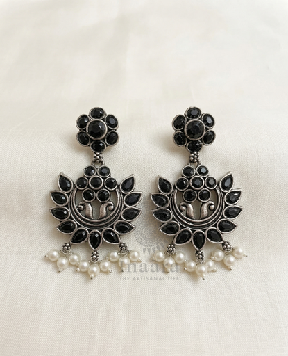 Black Stone Studded Silver-tone Earrings
