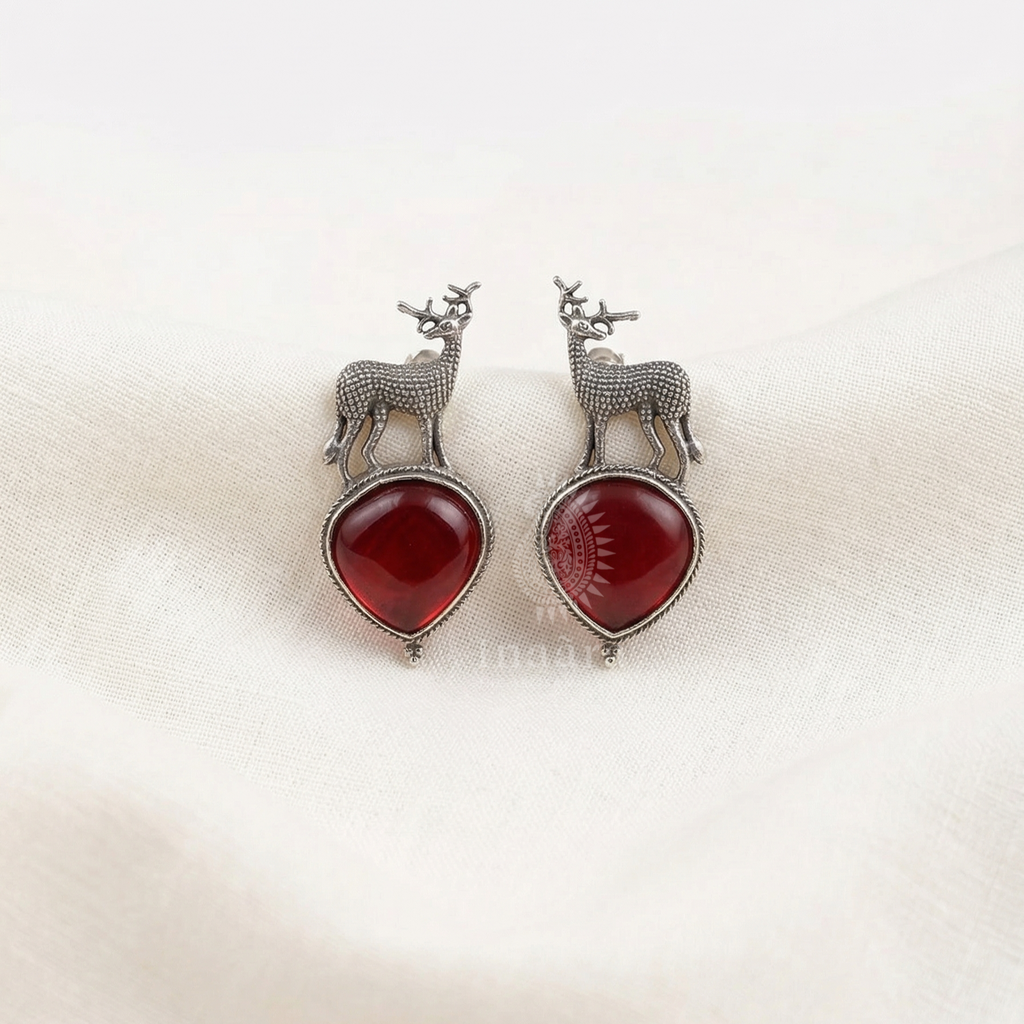 Silver-toned Deer Motif Earrings-Red
