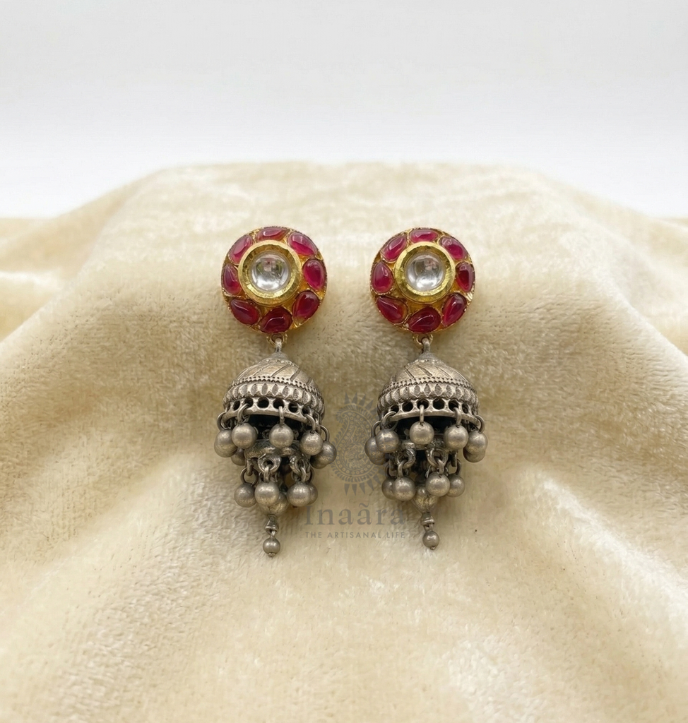 Pink Stone Oxidized Silver Tone Jhumka Earrings